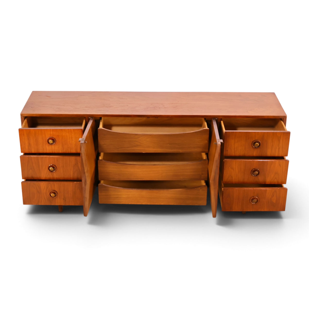 Merton Gershun Harlequin walnut lowboy dresser doors open showing interior drawers