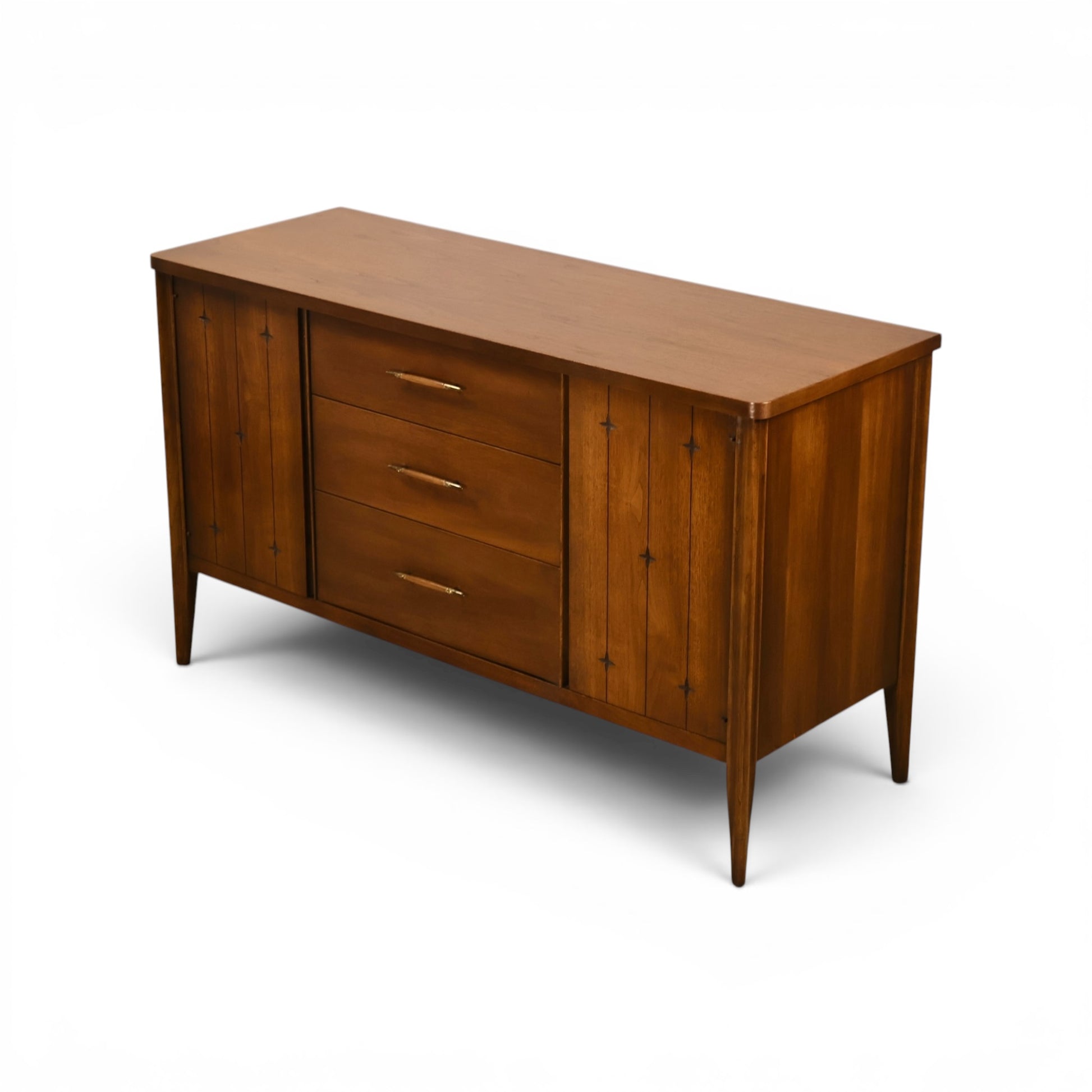 Broyhill Saga credenza front detail of star inlay plank doors
