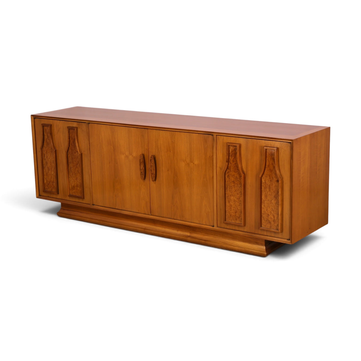Specialty Woodcraft sculpted walnut and burl credenza angle view