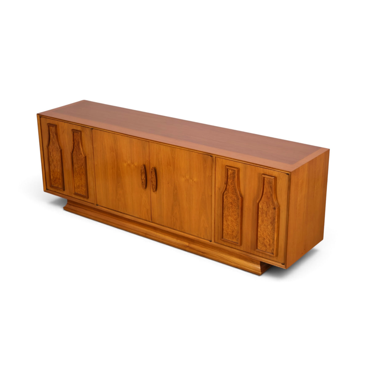 Specialty Woodcraft sculpted walnut and burl credenza right angle view