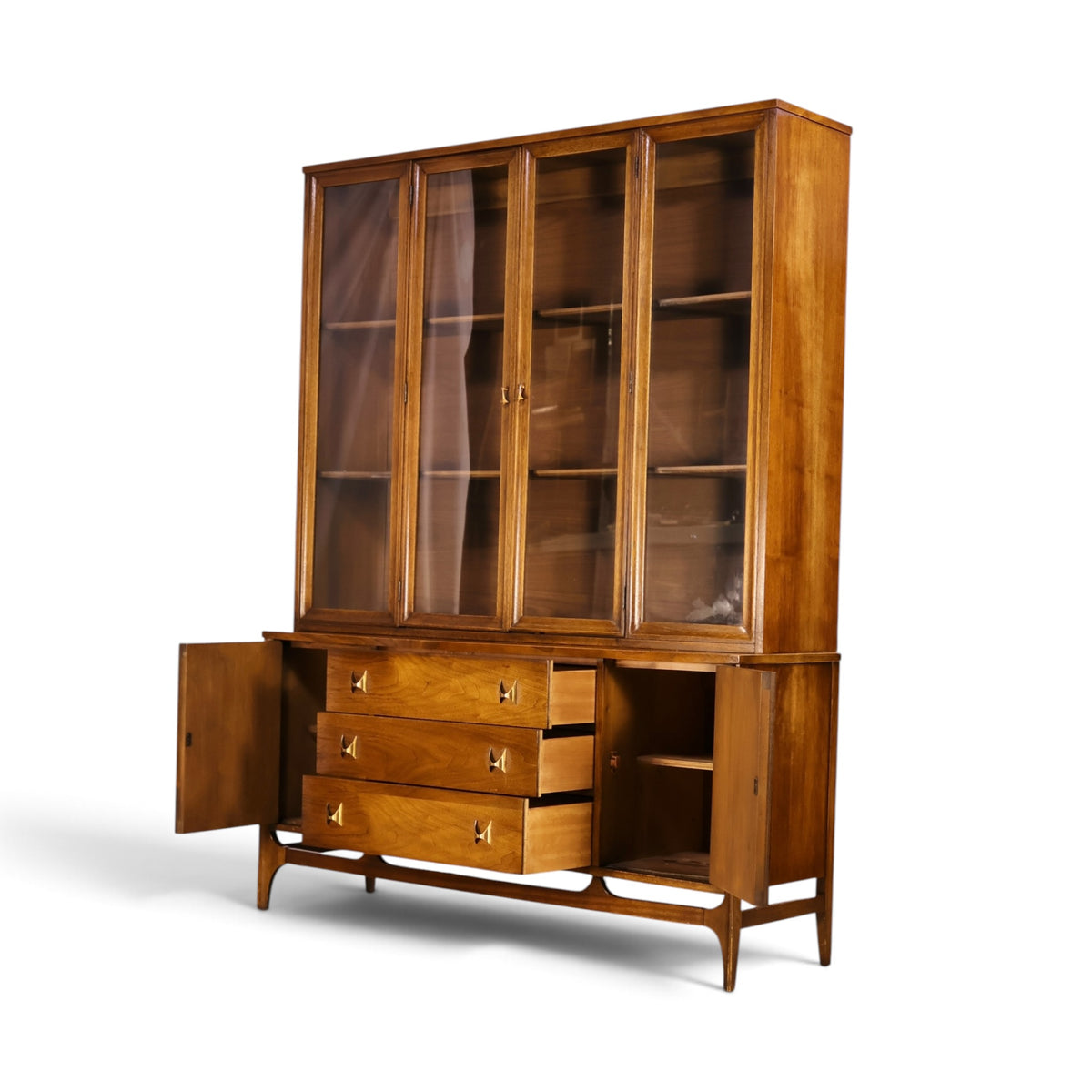 Broyhill Brasilia walnut china cabinet angle view with drawers open