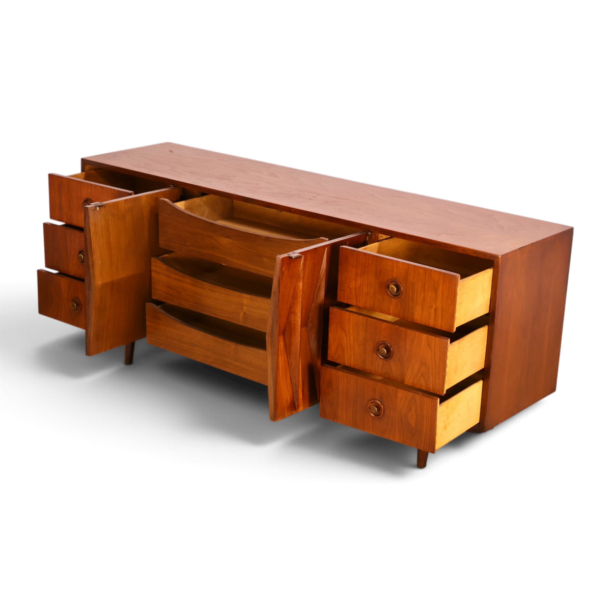 Merton Gershun Harlequin walnut lowboy dresser angle view with drawers pulled out