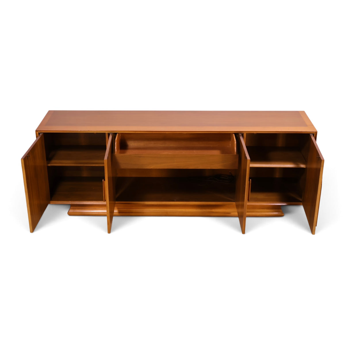 Specialty Woodcraft sculpted walnut and burl credenza doors open from above