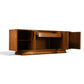 Specialty Woodcraft sculpted walnut and burl credenza angle view with doors open
