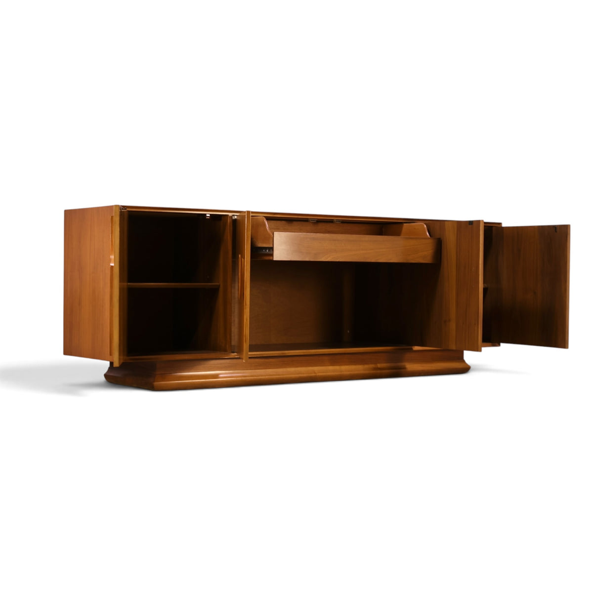 Specialty Woodcraft sculpted walnut and burl credenza angle view with doors open