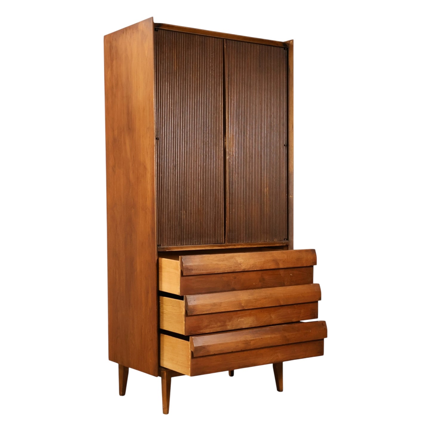 Lane First Edition armoire angled view with lower drawers open