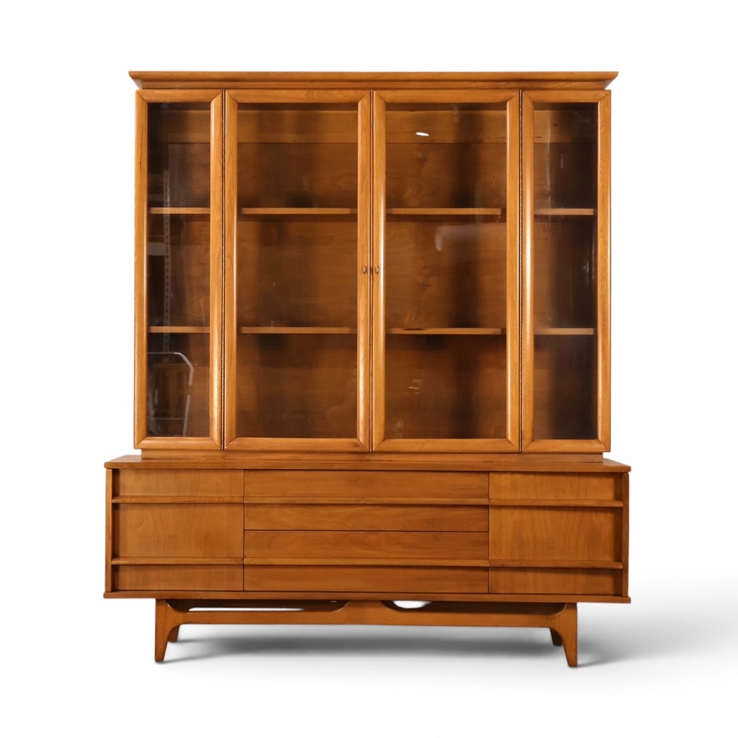 Young Manufacturing concave walnut china cabinet front view with sliding glass doors