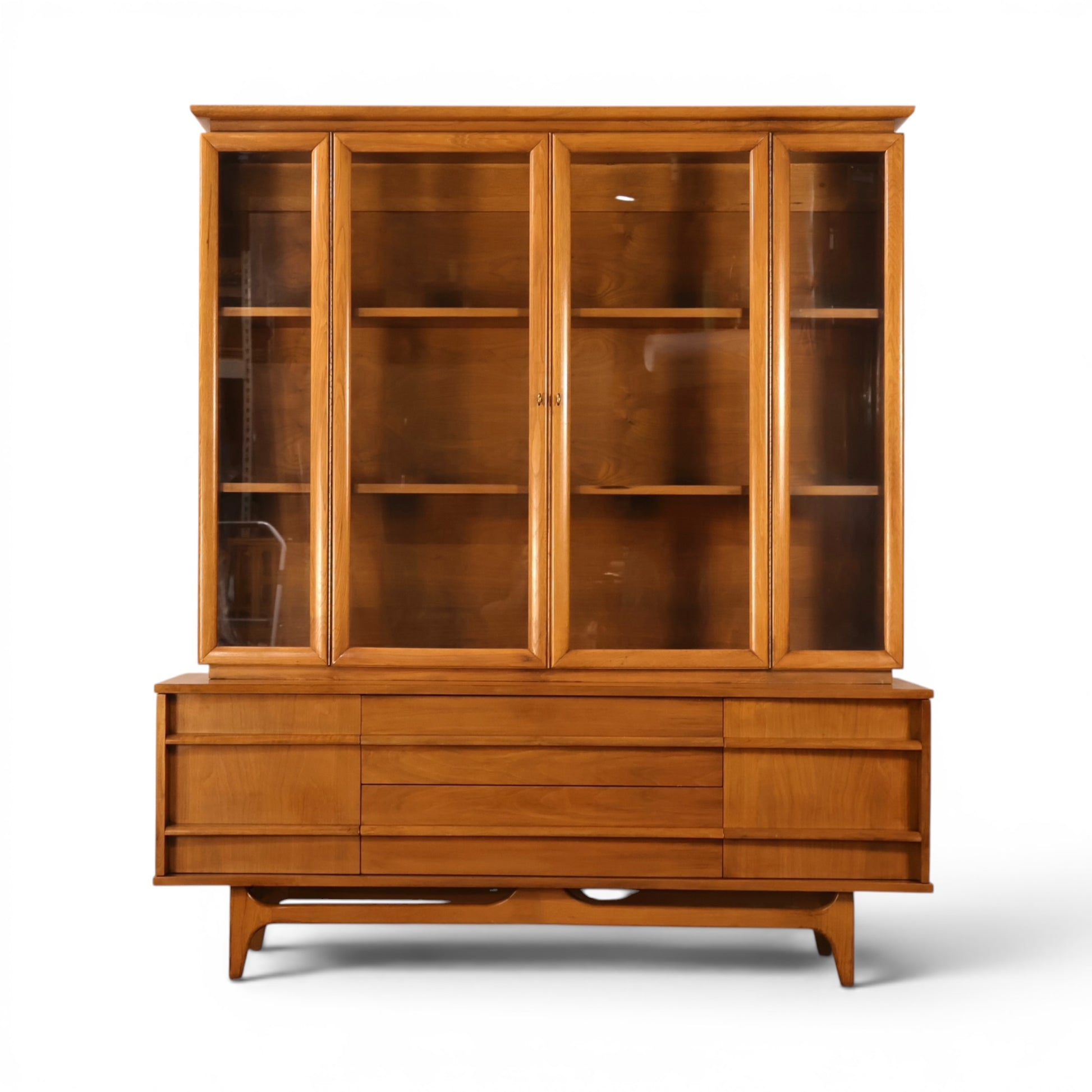 Young Manufacturing concave walnut china cabinet front view with sliding glass doors