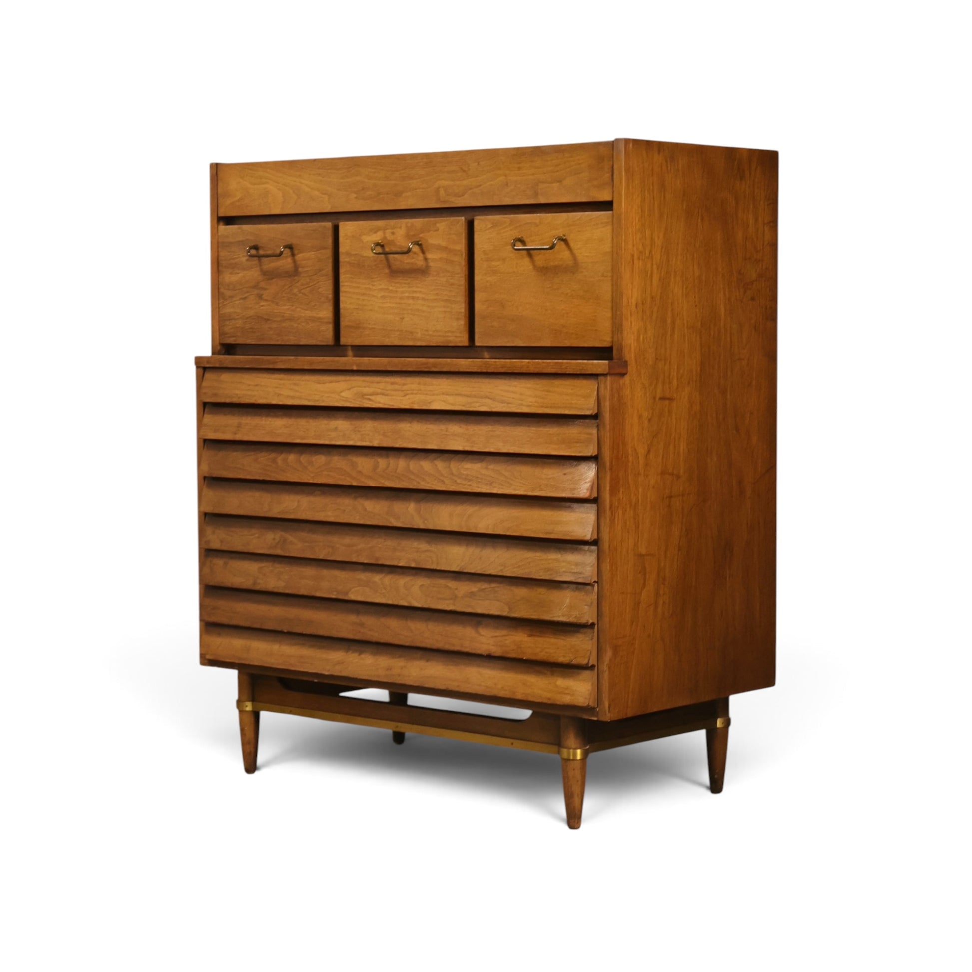Dania highboy dresser brass capped tapered leg detail