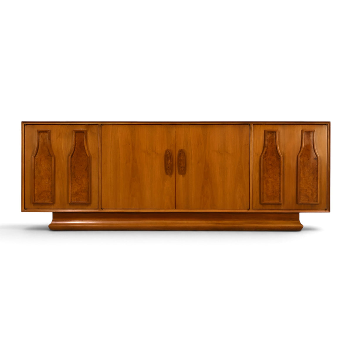 Specialty Woodcraft sculpted walnut and burl credenza front view