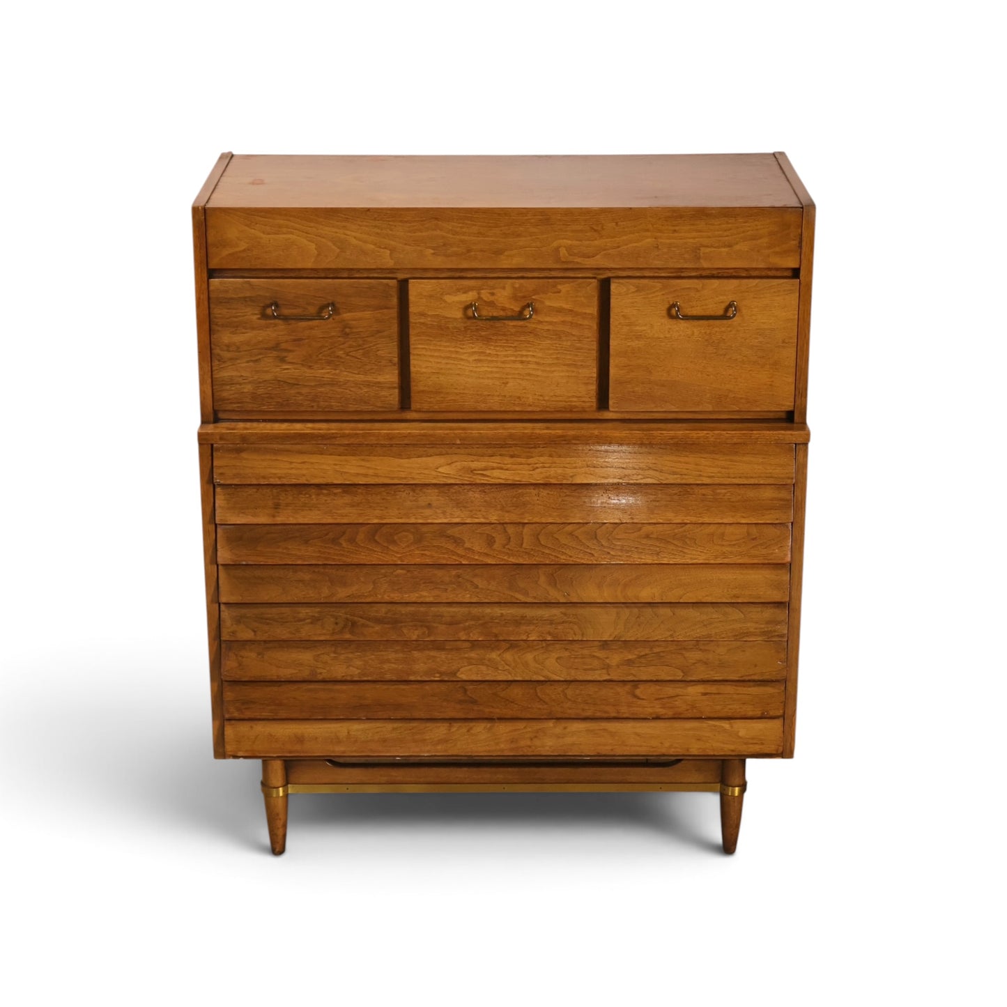 Dania highboy dresser angled view showing louvered drawer fronts