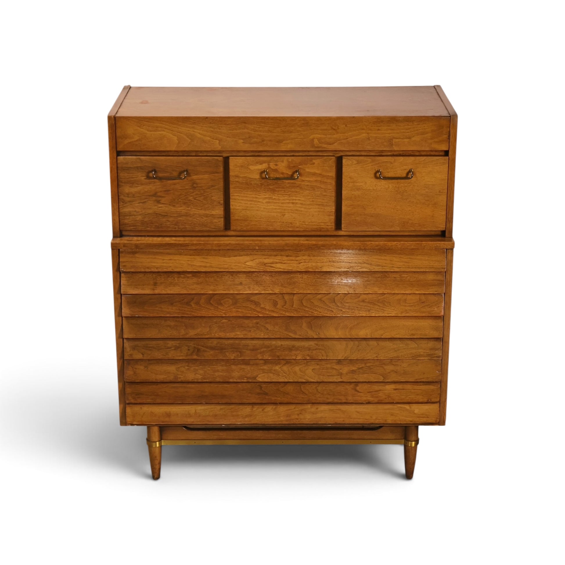 Dania highboy dresser angled view showing louvered drawer fronts