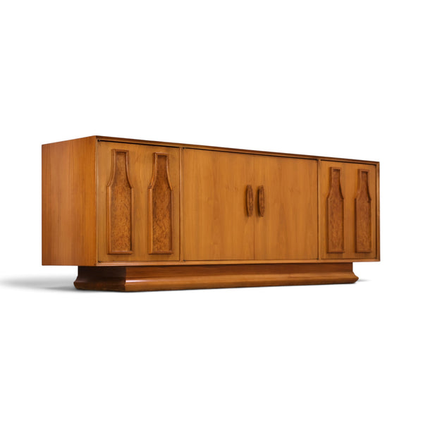 Specialty Woodcraft sculpted walnut and burl credenza angle view