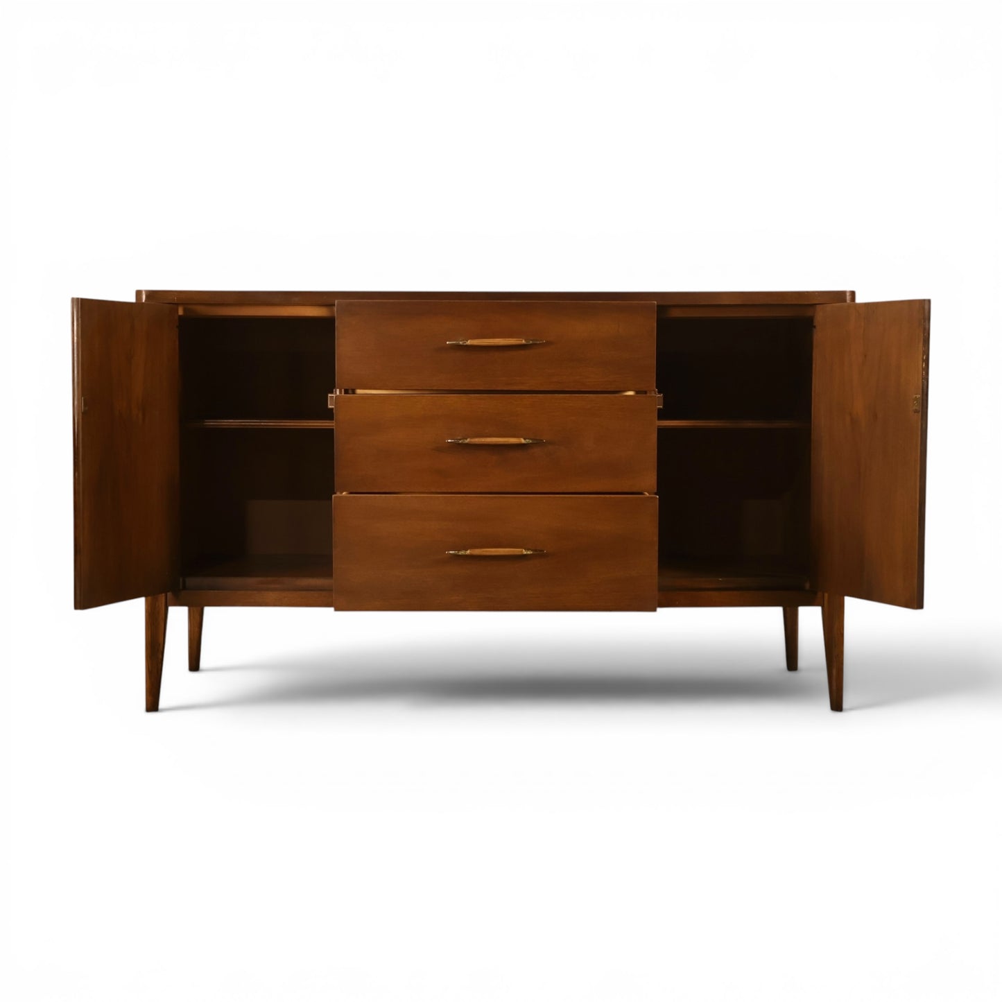 Broyhill Saga credenza with both doors open showing interior storage