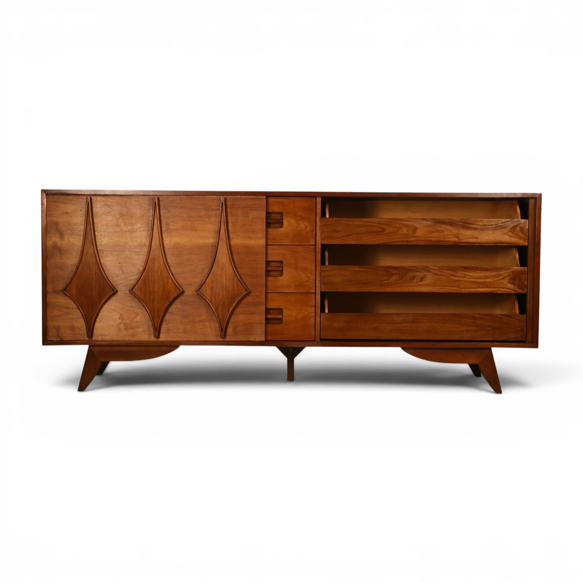 Specialty Woodcraft lowboy with sliding door open showing interior drawers