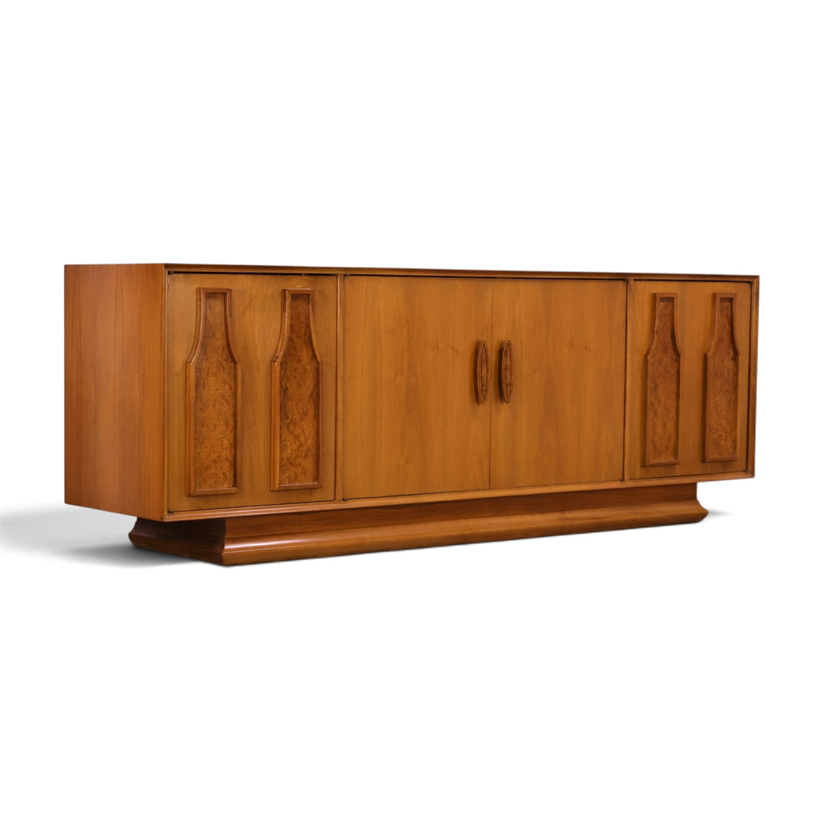 Specialty Woodcraft sculpted walnut and burl credenza low front view