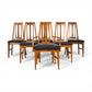 Set of six Young Manufacturing walnut tapered ladder back dining chairs front view