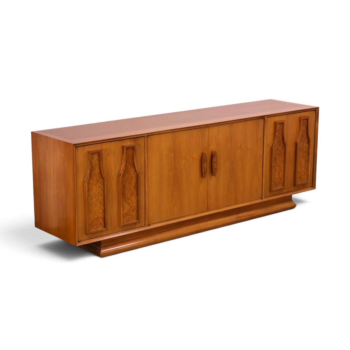 Specialty Woodcraft sculpted walnut and burl credenza left angle view