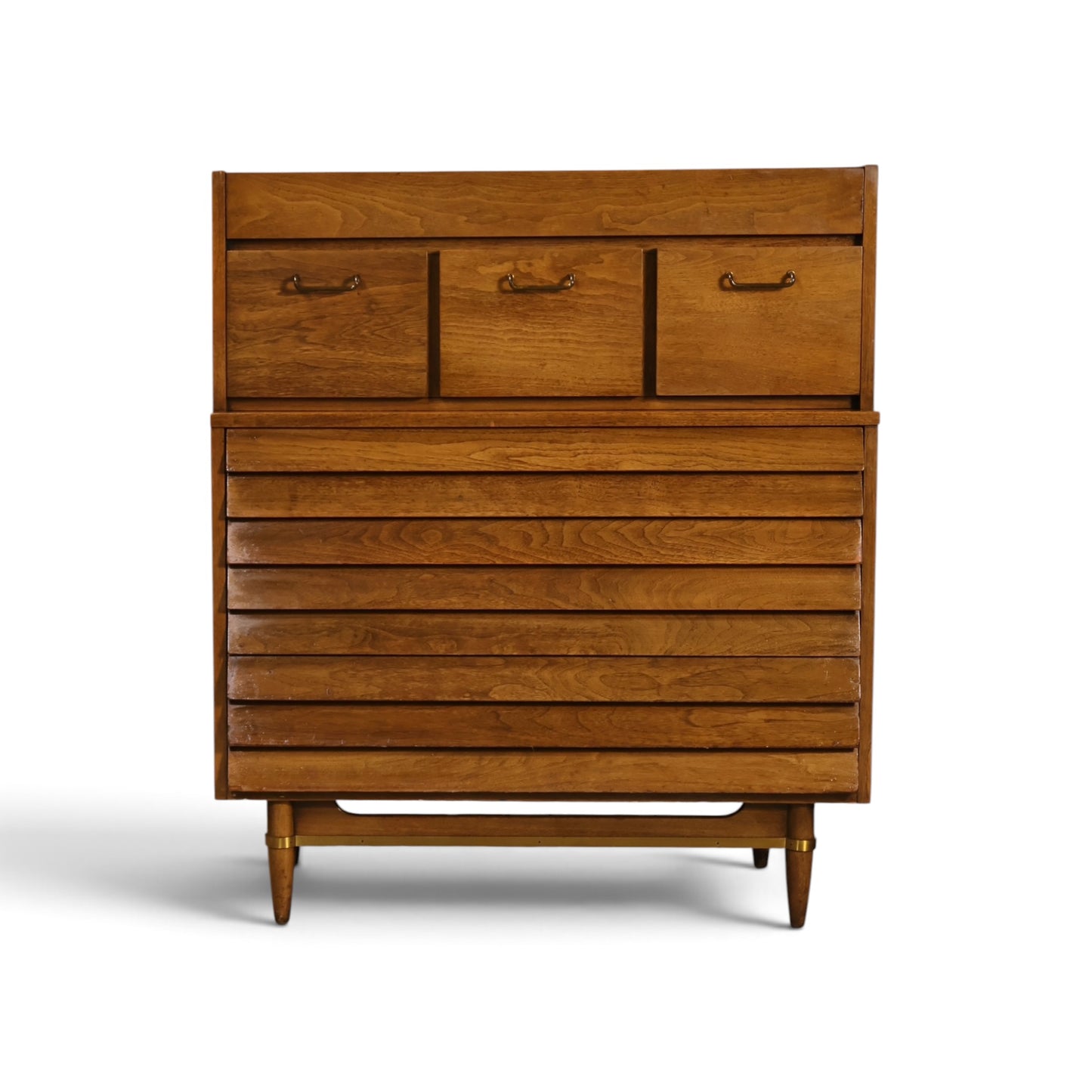 American of Martinsville Dania walnut highboy dresser full front view