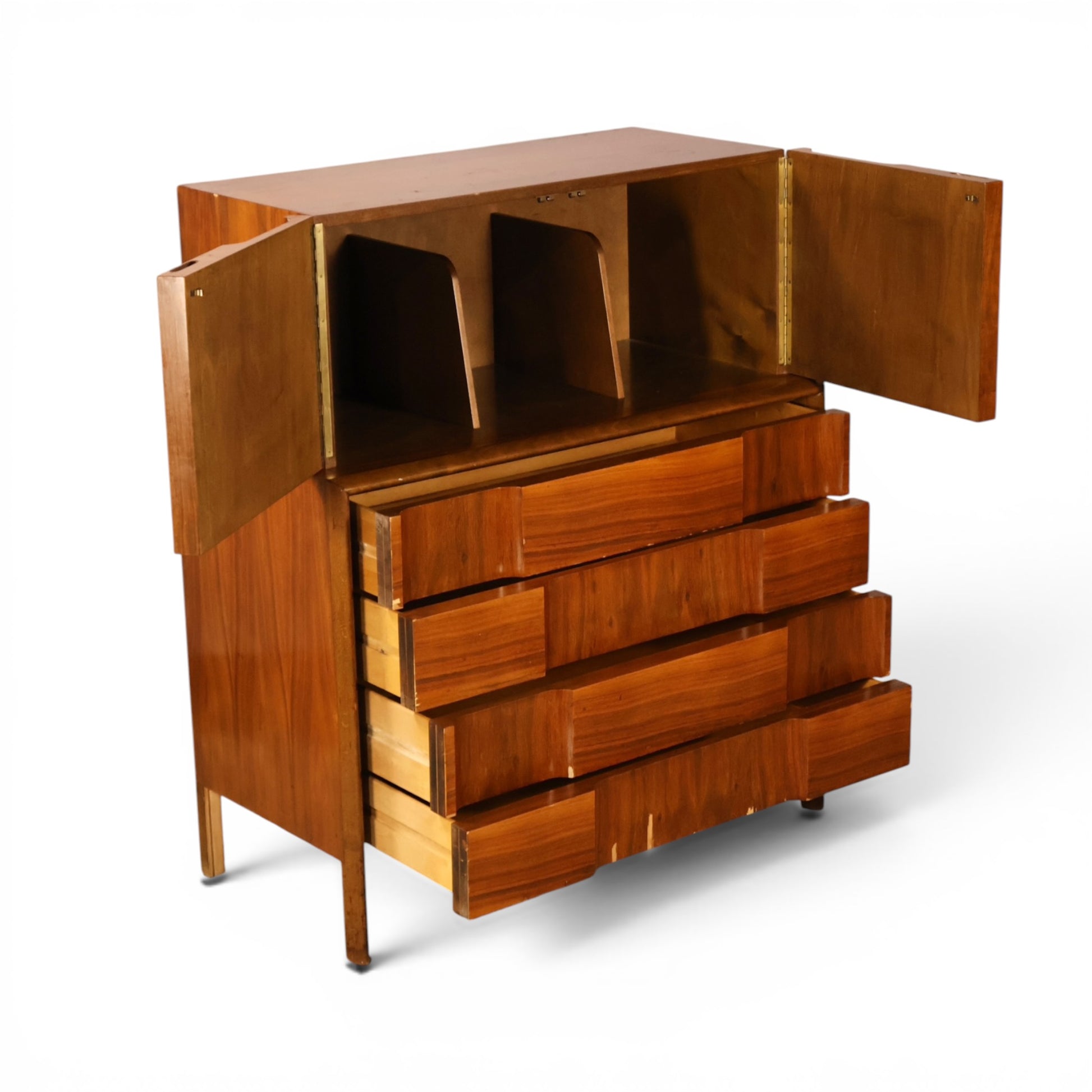 Edmond Spence highboy dresser with doors and drawers open