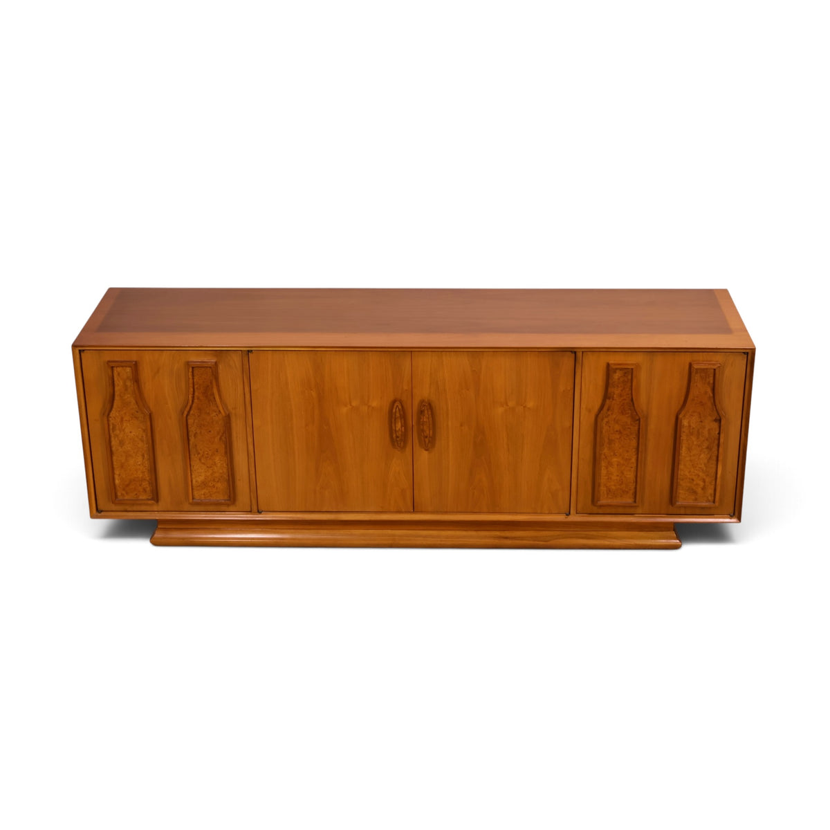 Specialty Woodcraft sculpted walnut and burl credenza front view from above