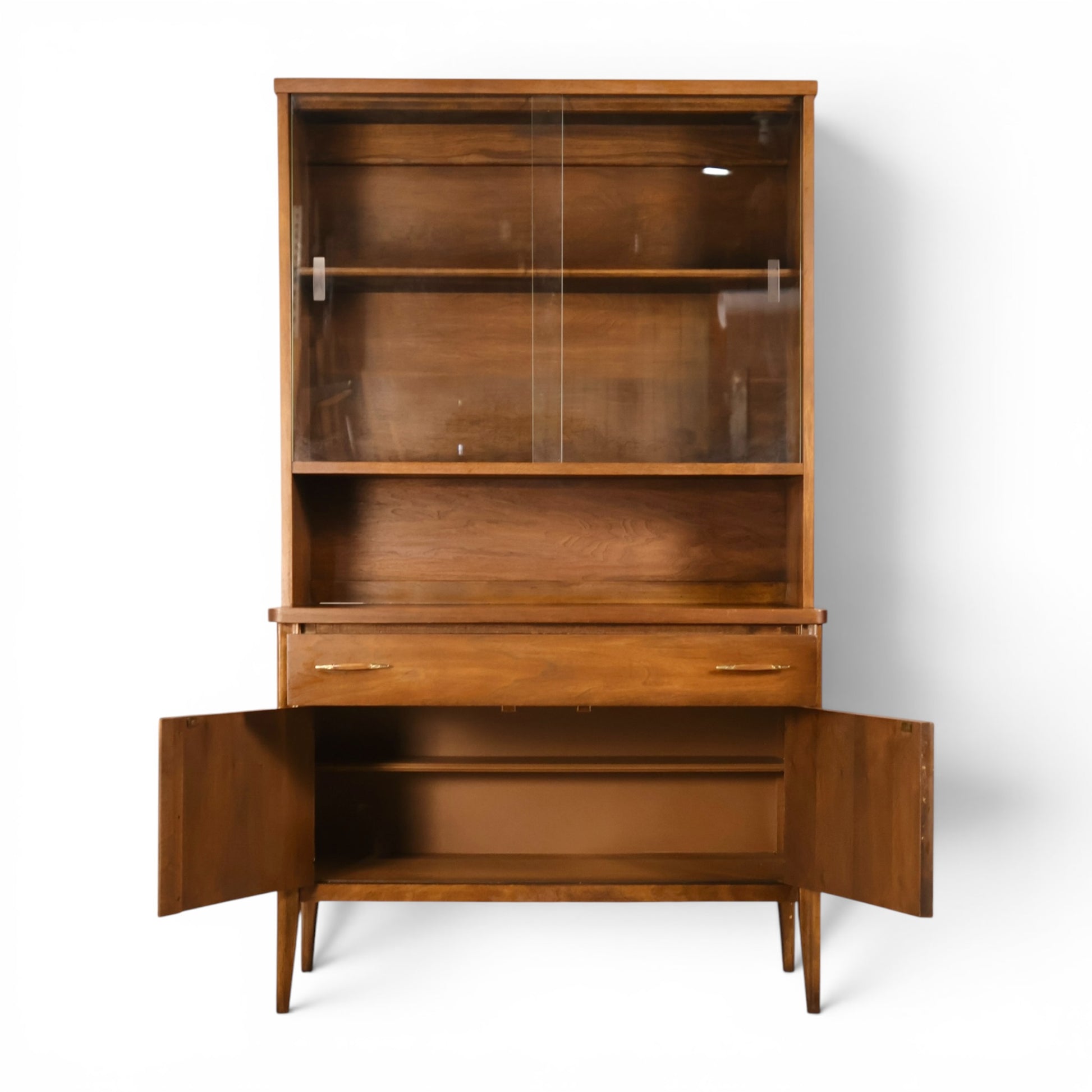 Broyhill Saga china cabinet with lower doors open showing cabinet storage