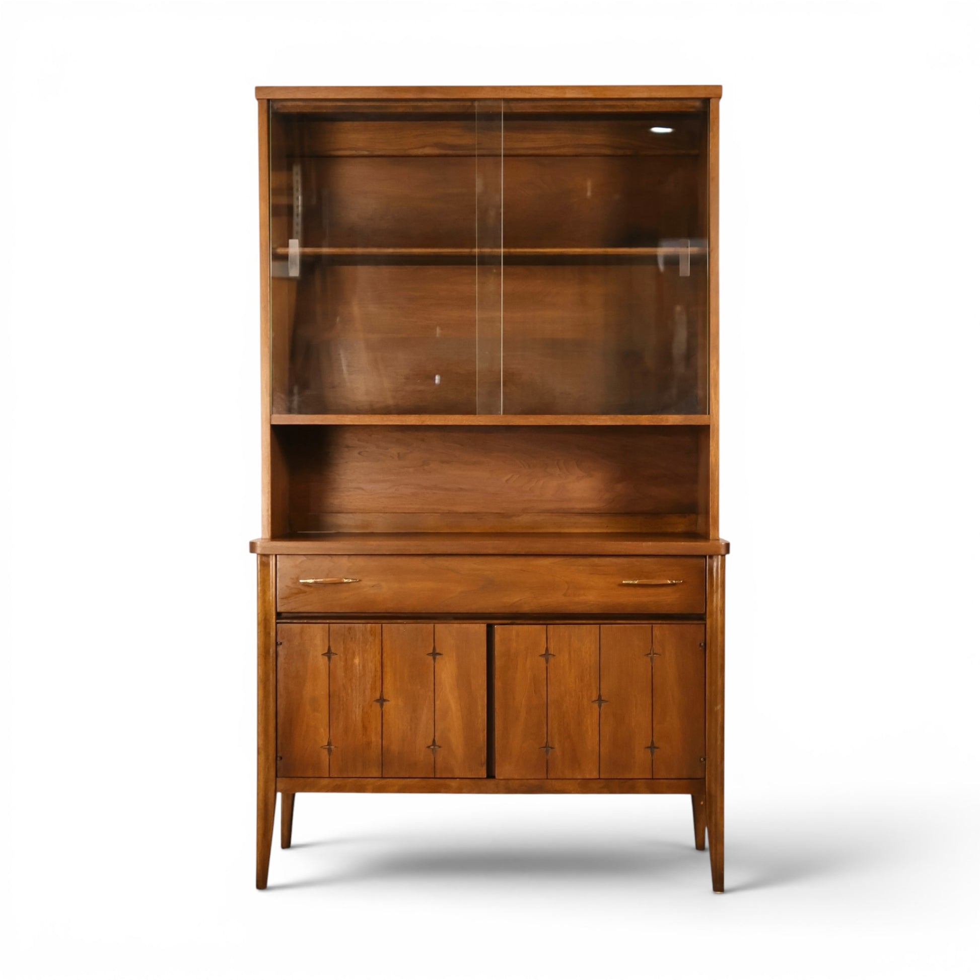 Broyhill Saga petite walnut china cabinet front view with sliding glass doors and star inlay base