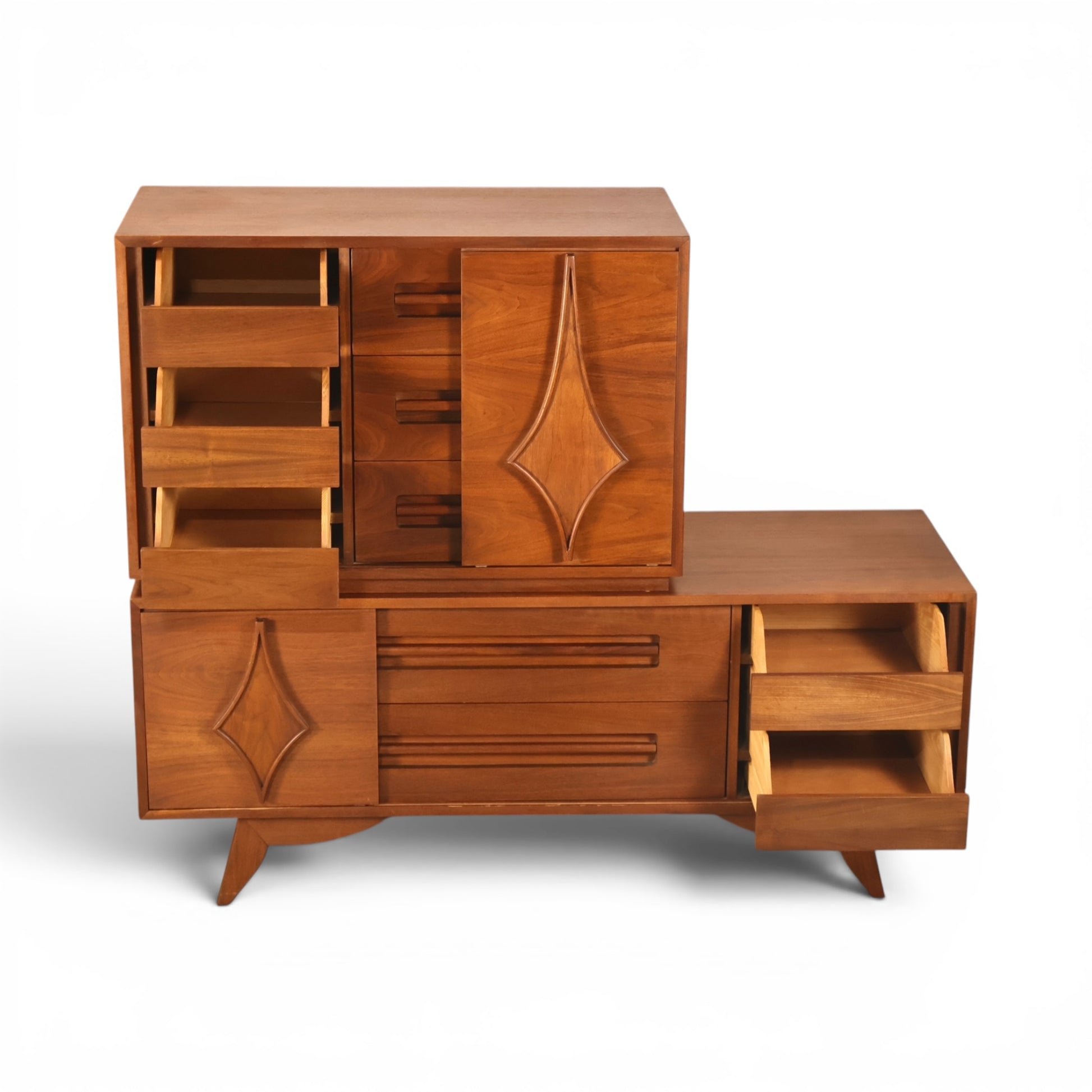Specialty Woodcraft stacking highboy with base drawers open