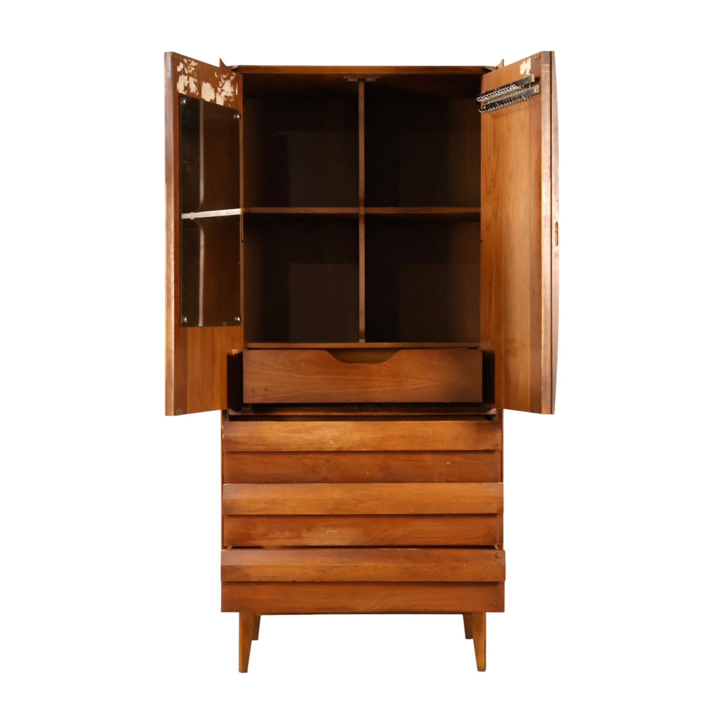 Lane First Edition armoire open interior with shelves and tie rack