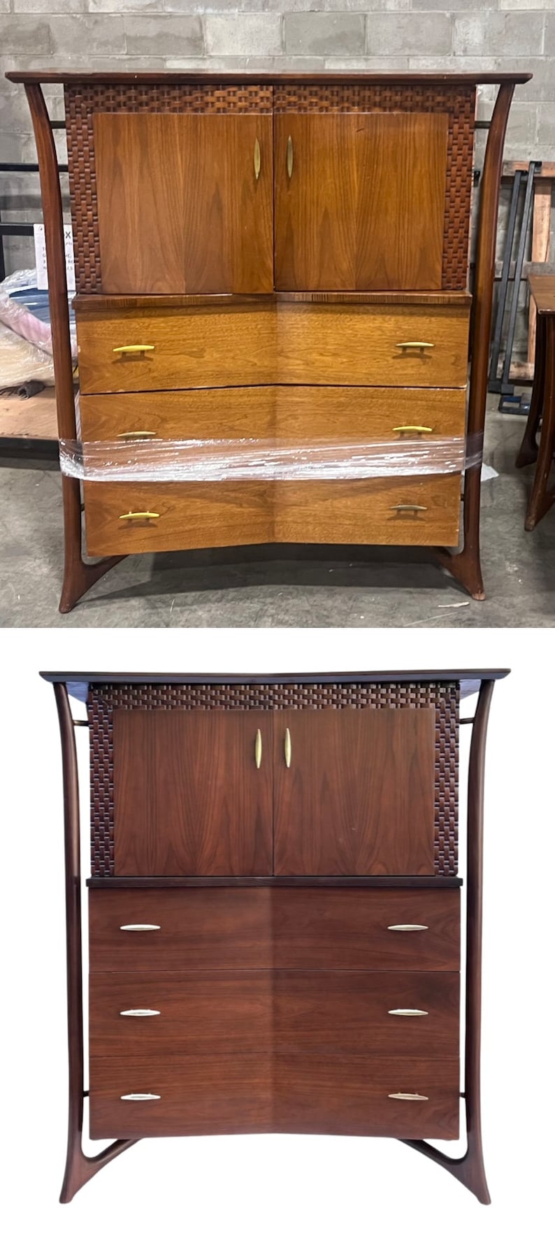 Vintage Restoration of a Mid Century Modern Highboy Dresser designed by Piet Hein in the 1950s - Before and After Furniture Refinishing