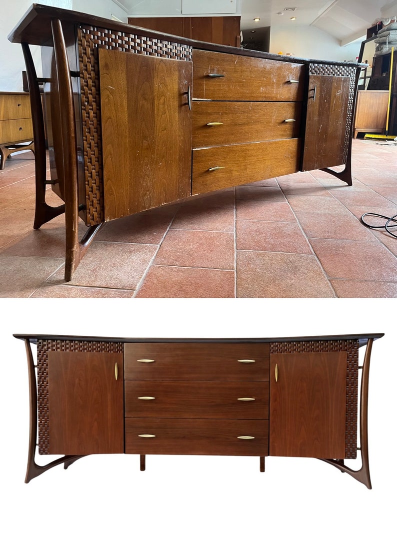 Before and After of a Mid Century Modern Dresser Restoration - Vintage Lowboy Piet Hein Dresser