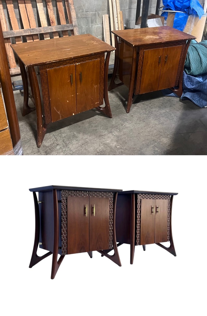 Before and After Photos of a Restoration of Vintage Mid Century Modern Pair of Nightstands - Nightstands Designed by Piet Hein in the 1950s