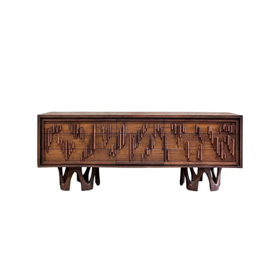 Paul Evans Style Mid Century Modern Brutalist Lowboy Dresser c. 1970s — walnut construction, front view