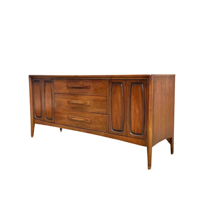 Broyhill Emphasis Mid Century Modern Walnut 3 Drawer Buffet Credenza — walnut construction, front view