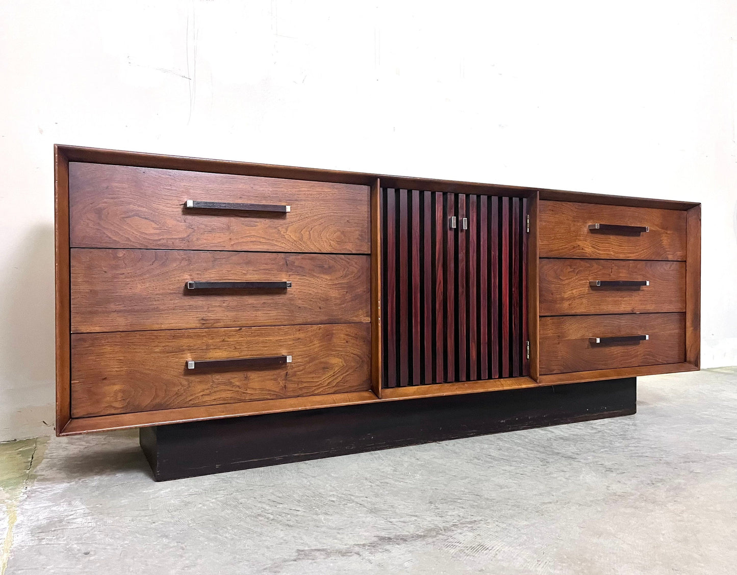 Lane “Tower Suite” Mid Century Modern Longboy 9 Drawer Walnut and Rosewood Dresser