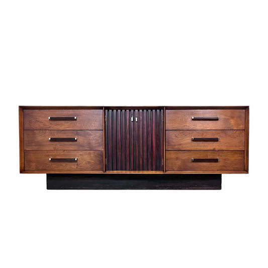 Lane “Tower Suite” Mid Century Modern Longboy 9 Drawer Walnut and Rosewood Dresser