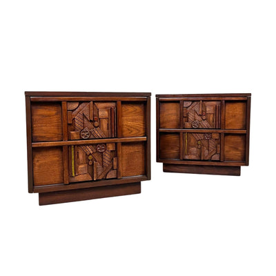 Lane “Pueblo” Brutalist Mosaic Pair of Mid Century Modern Nightstan... — Walnut construction, front view