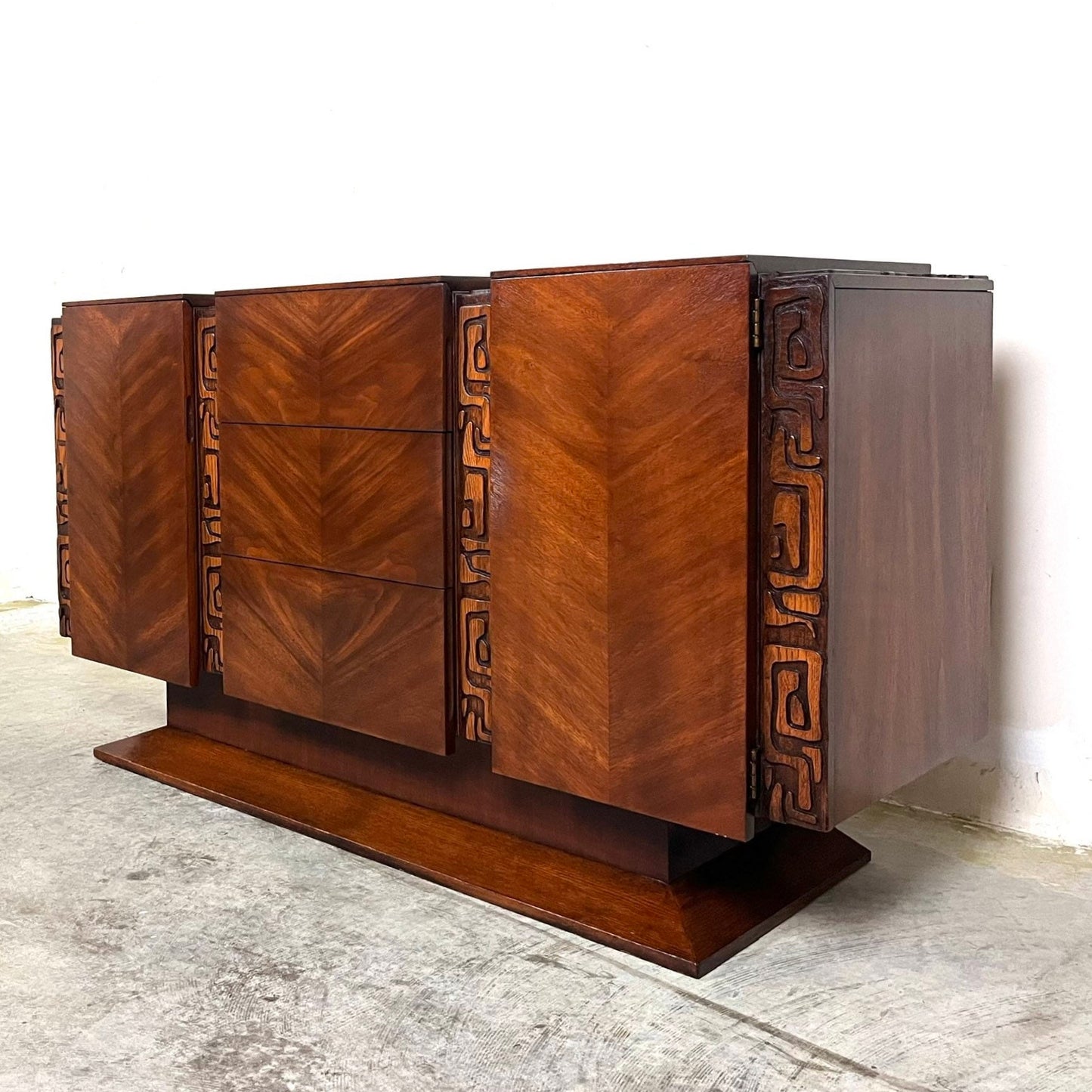 United Furniture “Tiki” Mid Century Modern Brutalist Sideboard Credenza c. 1960s