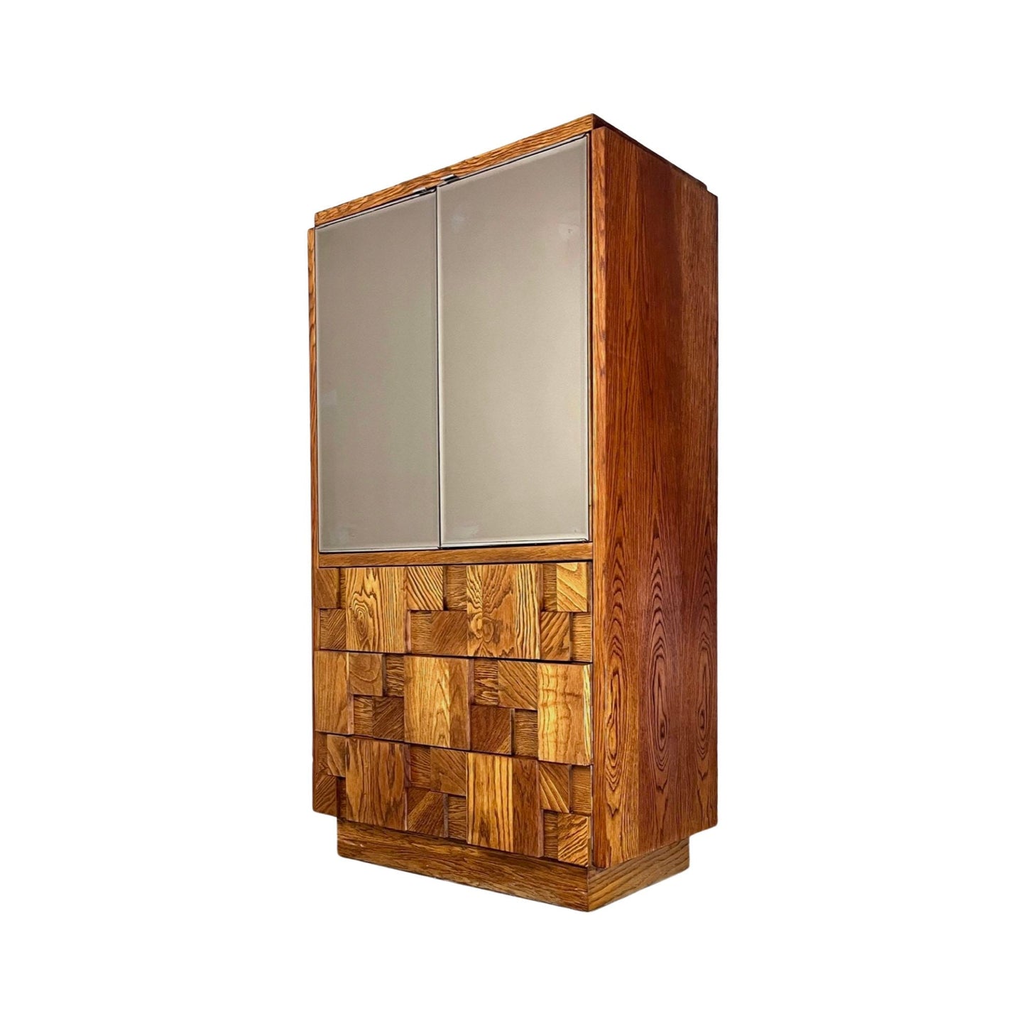 Lane “Staccato” Oak Brutalist Armoire Mid Century Modern Tall Dresser with Mirror Doors