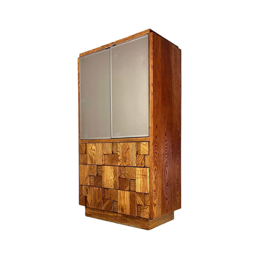 Lane Staccato Oak Brutalist Armoire Mid Century Modern Tall Dresser with Mirror Doors