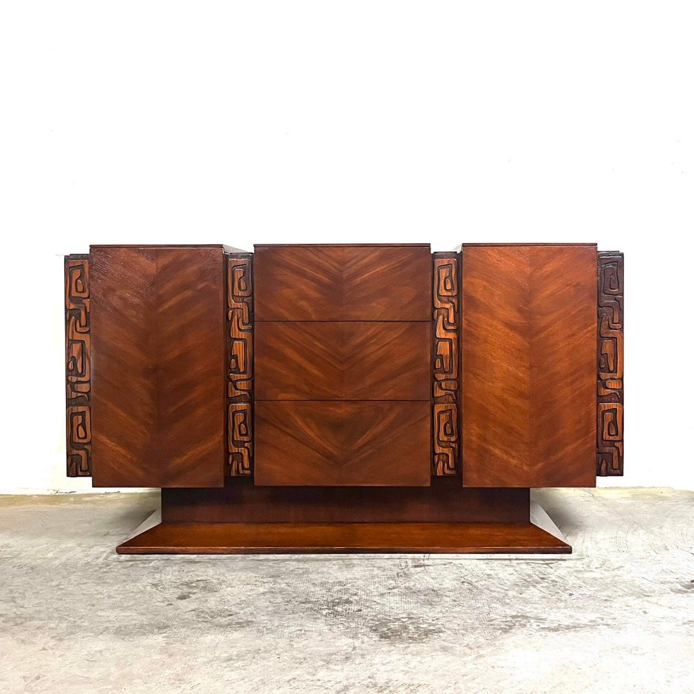 United Furniture “Tiki” Mid Century Modern Brutalist Sideboard Credenza c. 1960s