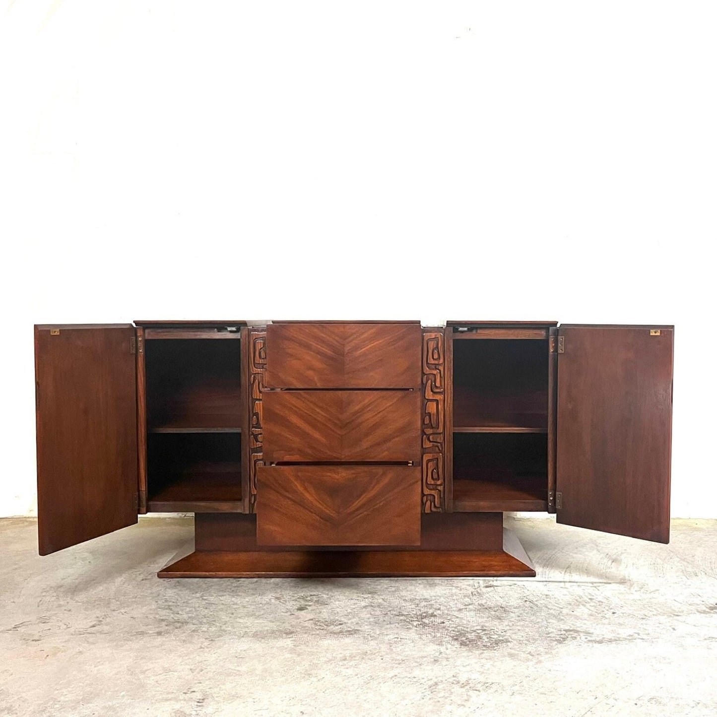 United Furniture “Tiki” Mid Century Modern Brutalist Sideboard Credenza c. 1960s