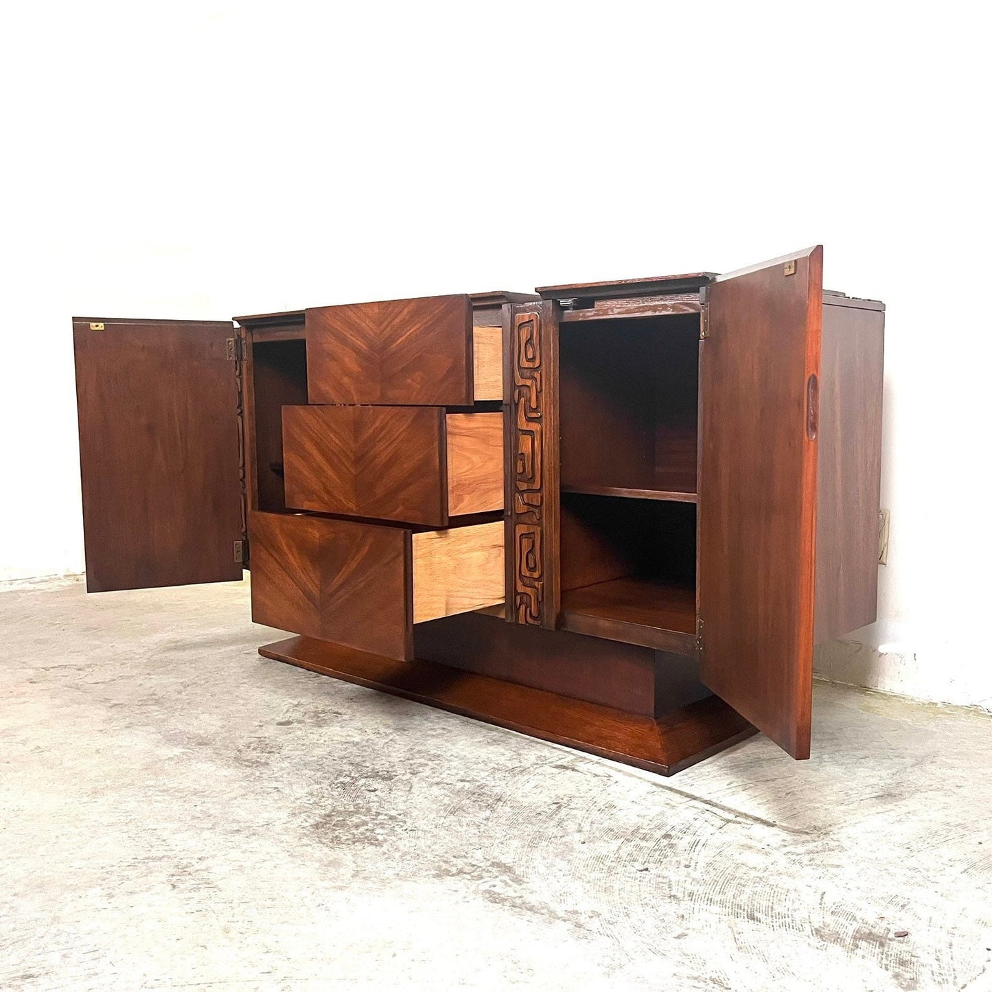 United Furniture “Tiki” Mid Century Modern Brutalist Sideboard Credenza c. 1960s