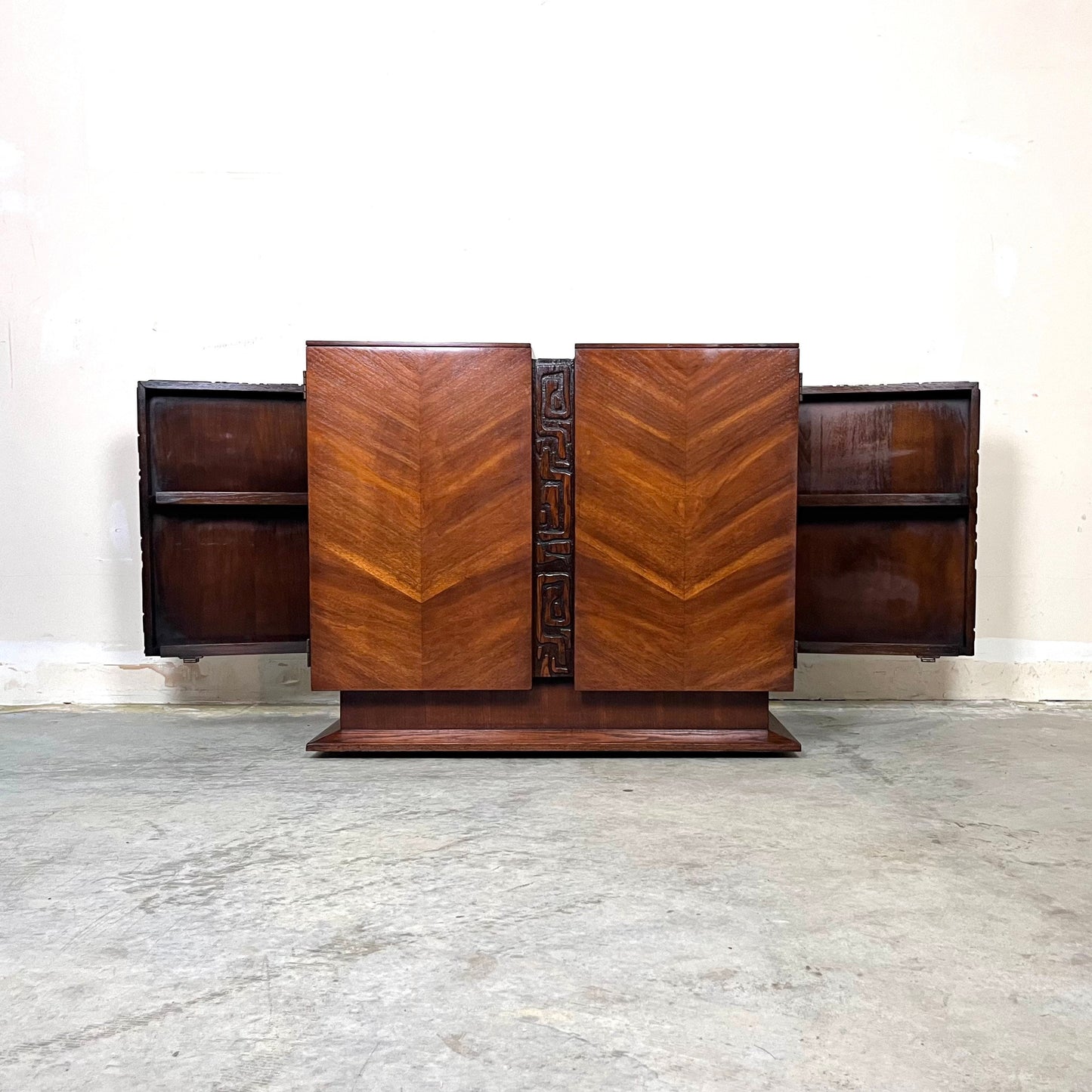 United Furniture “Tiki” Mid Century Modern Brutalist Rolling Bar Cart c. 1960s