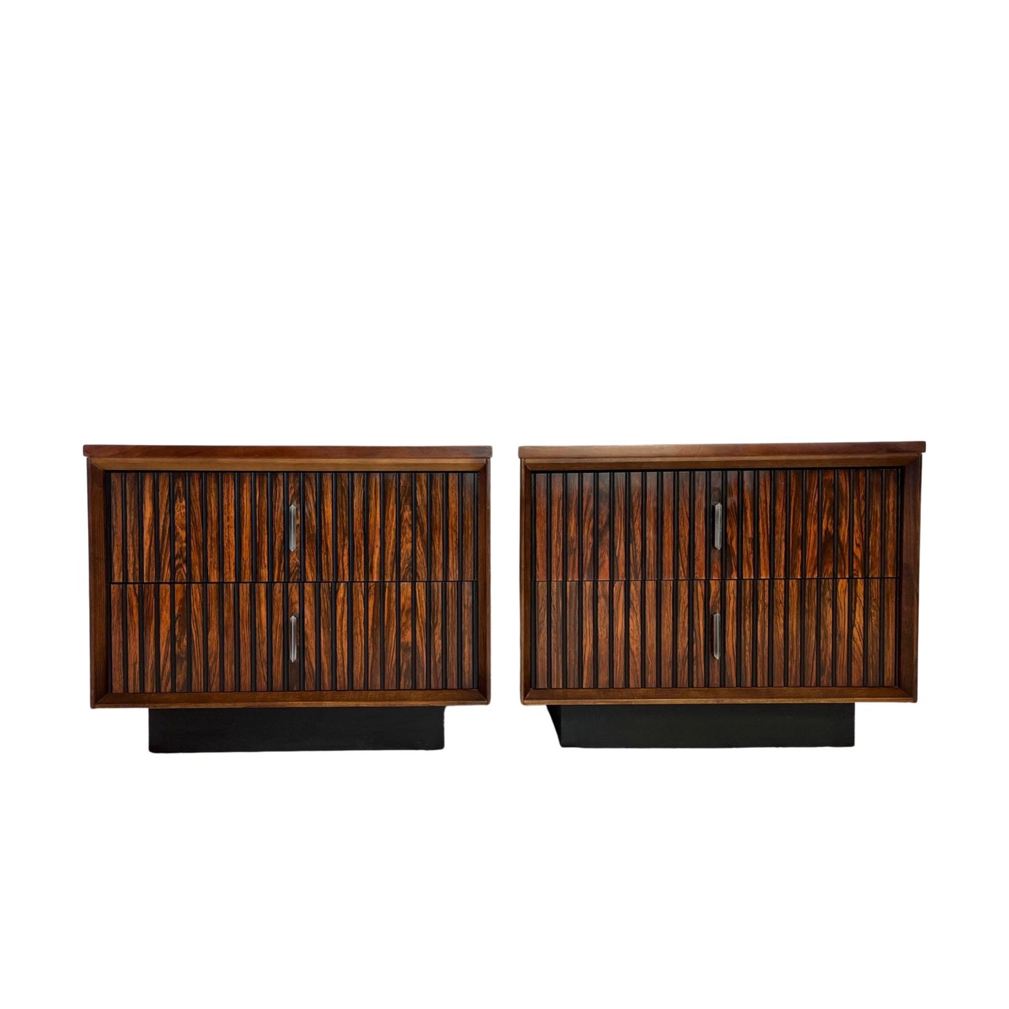 Bassett Furniture Walnut & Rosewood Mid Century Modern Brutalist Pair of Nightstands c. 1960s