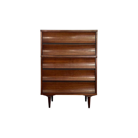 Johnson Carper “Brentwood” Mid Century Modern 5 Drawer Highboy Tall Dresser c. 1960s