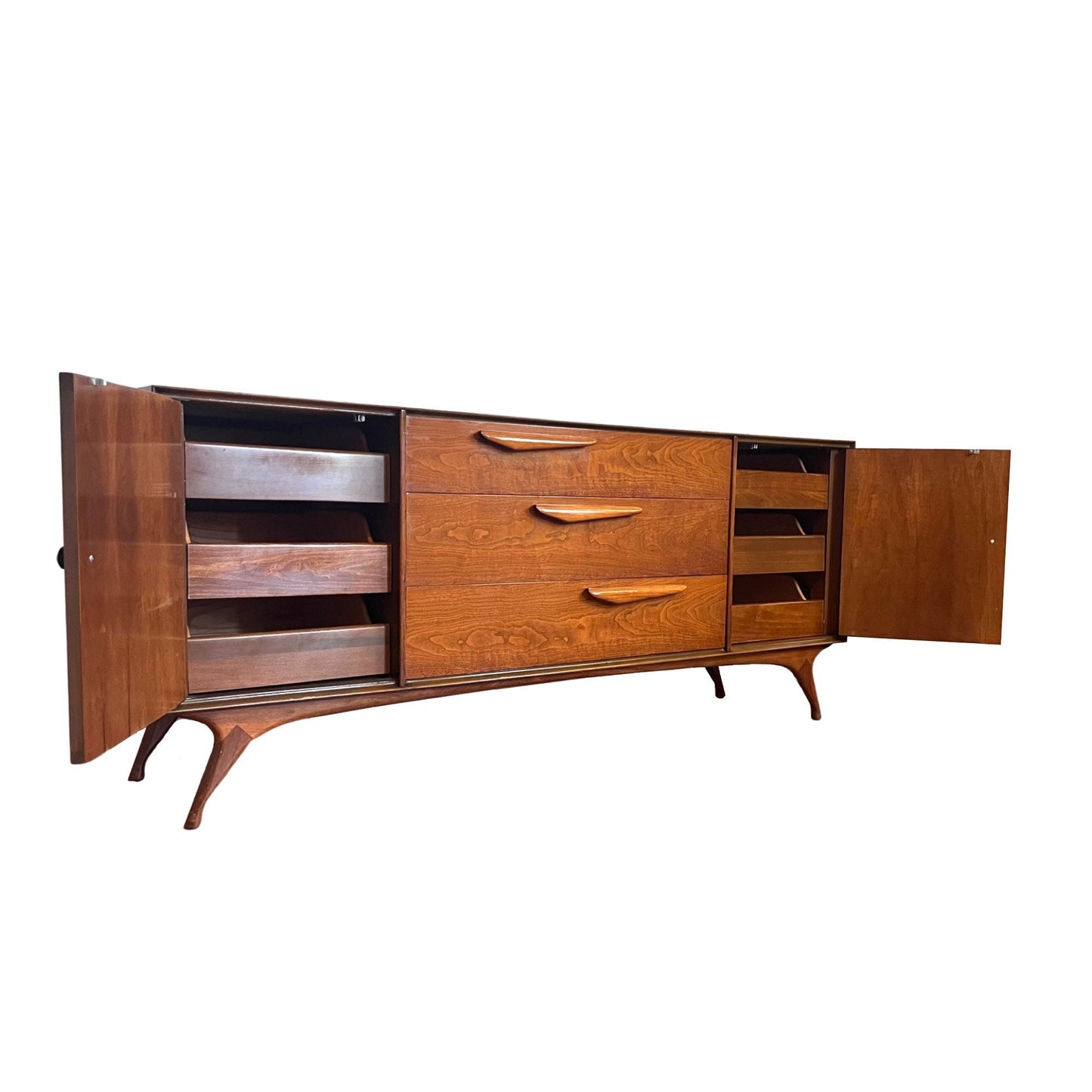 Vladimir Kagan style Sculpted Mid Century Modern Lowboy Long 9 Drawer Dresser c. 1960s