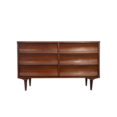 Johnson Carper “Brentwood” Mid Century Modern 6 Drawer Lowboy Dress... — walnut construction, front view