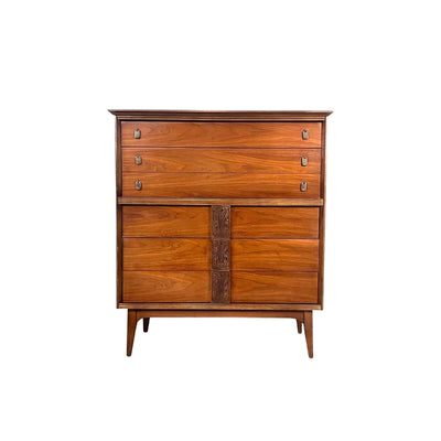 Bassett Mayan Mid Century Modern Highboy Tall Vintage Dresser c. 1960s — front view