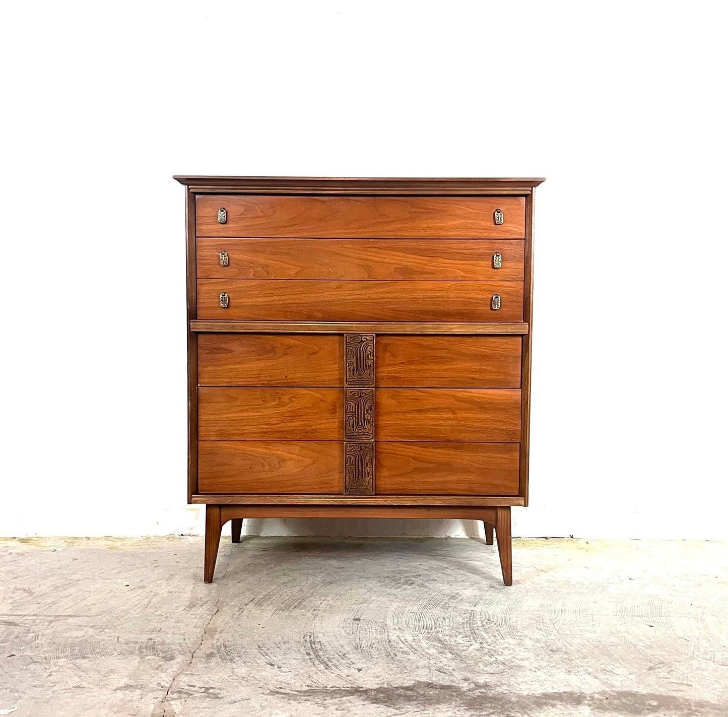 Bassett “Mayan” Mid Century Modern Highboy Tall Vintage Dresser c. 1960s